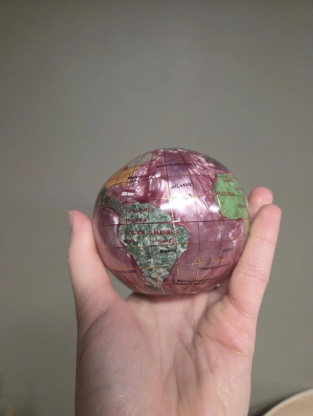 Handmade Gemstone World Globe Paperweight Pink Rose Quartz Ocean Decor